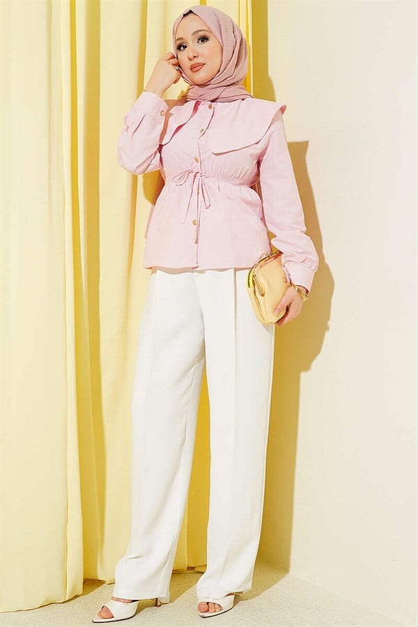 Pink Peter Pan Collar Short Shirt with Elastic Waistband