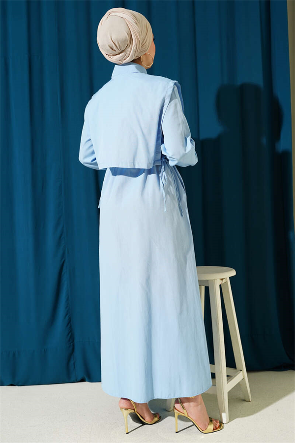 Baby Blue Terry Cotton Dress with Elastic Waistband and Bolero