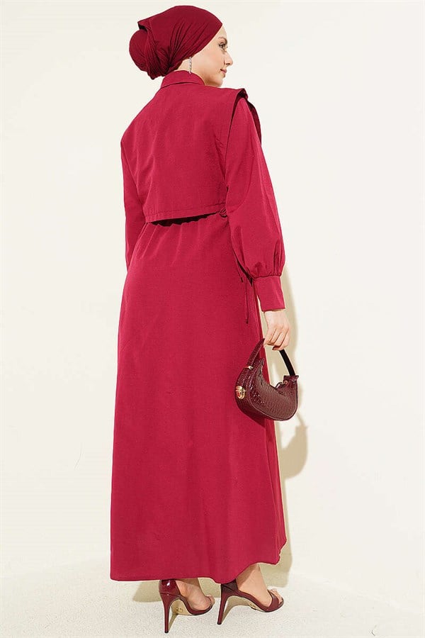 Burgundy Terry Cotton Dress with Elastic Waistband and Bolero