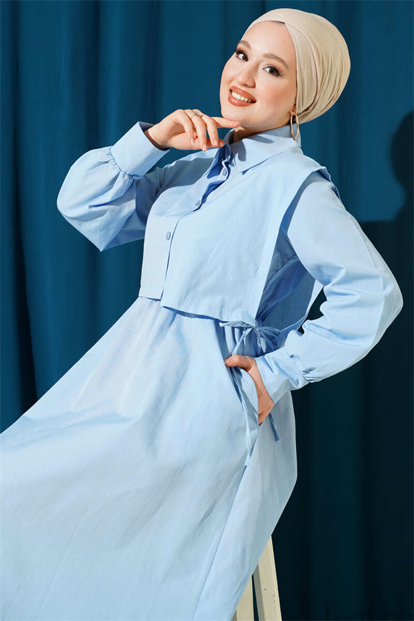 Baby Blue Terry Cotton Dress with Elastic Waistband and Bolero