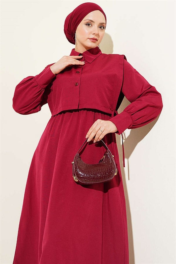 Burgundy Terry Cotton Dress with Elastic Waistband and Bolero