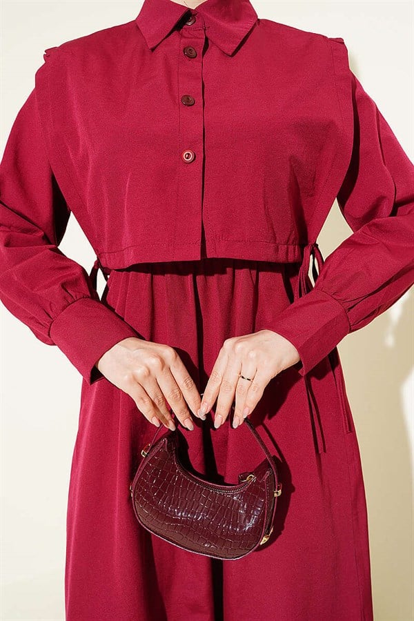 Burgundy Terry Cotton Dress with Elastic Waistband and Bolero