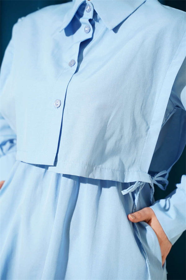 Baby Blue Terry Cotton Dress with Elastic Waistband and Bolero