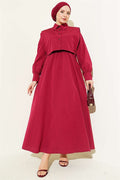 Burgundy Terry Cotton Dress with Elastic Waistband and Bolero