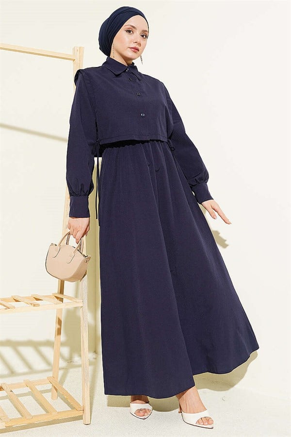 Navy Blue Terry Cotton Dress with Elastic Waistband and Bolero