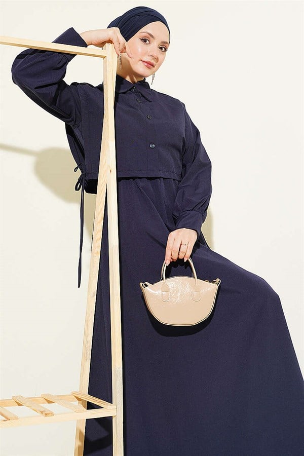Navy Blue Terry Cotton Dress with Elastic Waistband and Bolero