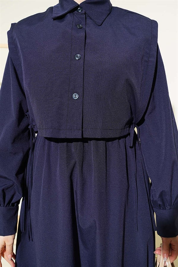 Navy Blue Terry Cotton Dress with Elastic Waistband and Bolero