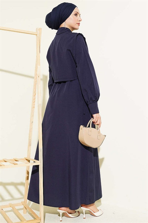 Navy Blue Terry Cotton Dress with Elastic Waistband and Bolero