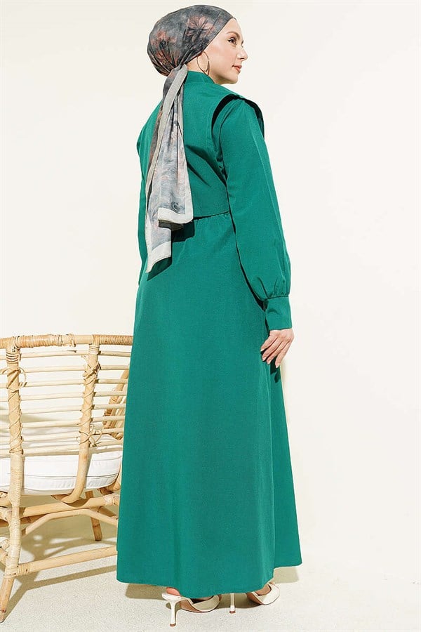 Emerald Blue Terry Cotton Dress with Elastic Waist Bolero