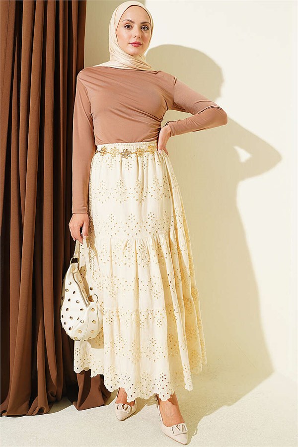Beige Embroidered Skirt with Elastic Waistband