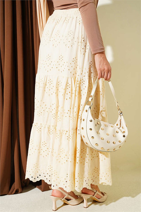Beige Embroidered Skirt with Elastic Waistband