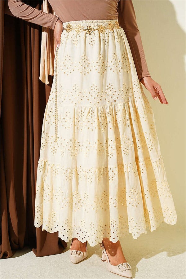 Beige Embroidered Skirt with Elastic Waistband