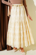 Beige Embroidered Skirt with Elastic Waistband