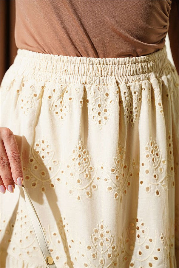 Beige Embroidered Skirt with Elastic Waistband