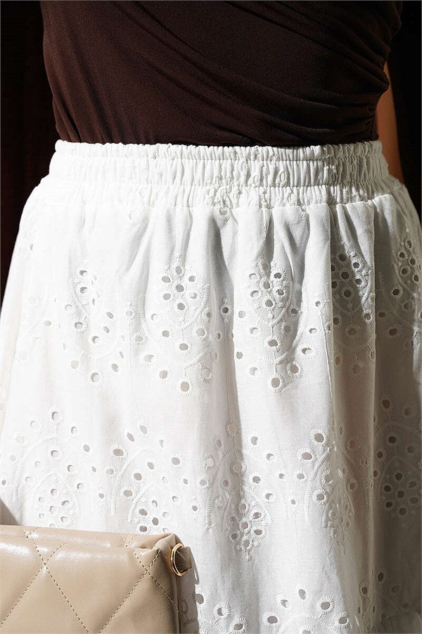 Embroidered Skirt with Elastic Waistband, Ecru