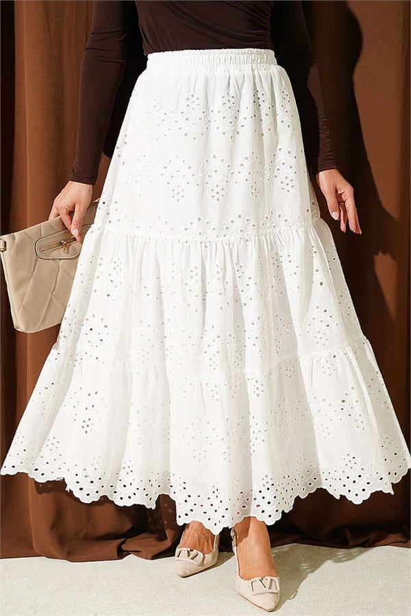 Embroidered Skirt with Elastic Waistband, Ecru