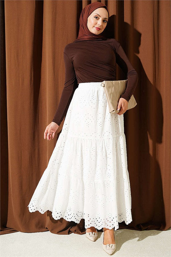 Embroidered Skirt with Elastic Waistband, Ecru