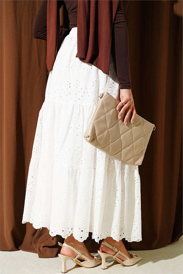 Embroidered Skirt with Elastic Waistband, Ecru