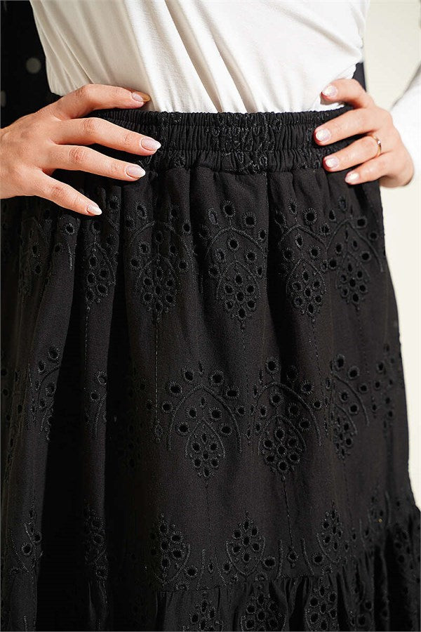 Black Embroidered Skirt with Elastic Waistband