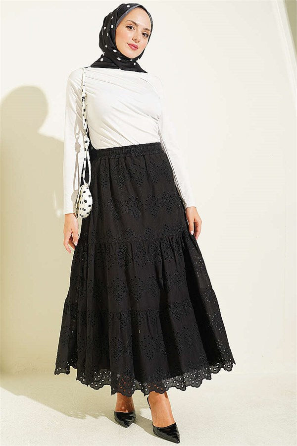 Black Embroidered Skirt with Elastic Waistband