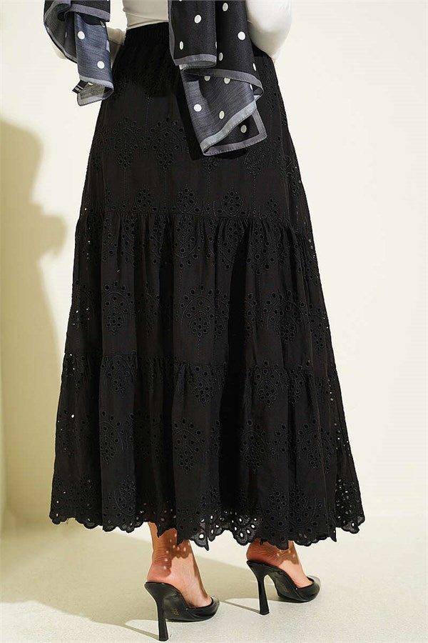 Black Embroidered Skirt with Elastic Waistband