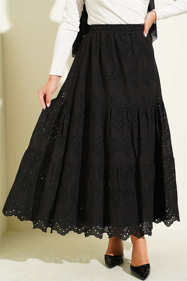 Black Embroidered Skirt with Elastic Waistband