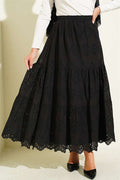 Black Embroidered Skirt with Elastic Waistband