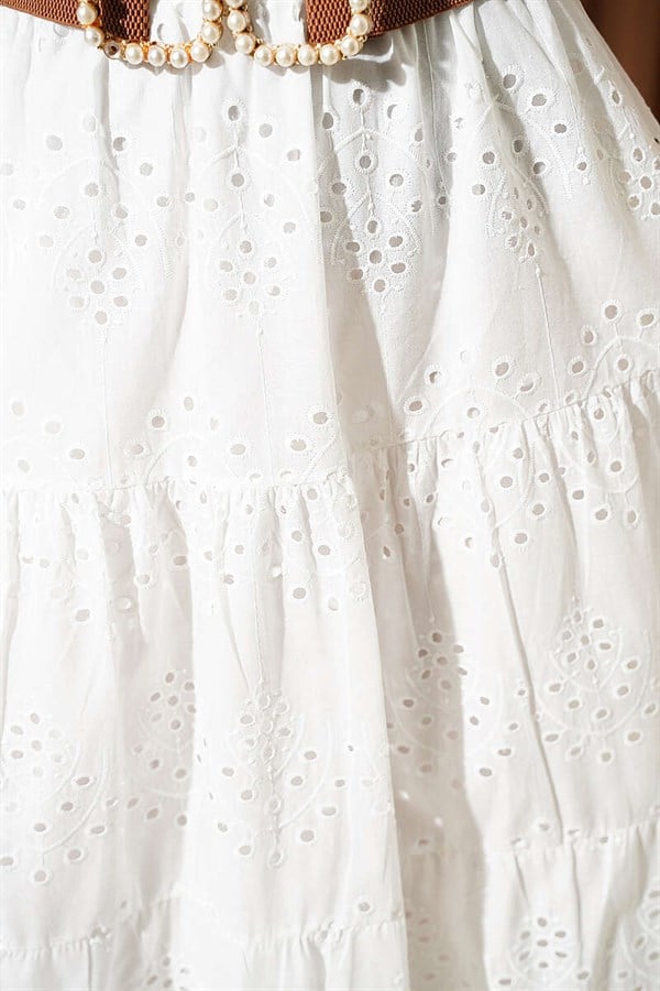 White Embroidered Layered Flared Skirt with Elastic Waistband
