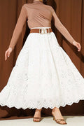 White Embroidered Layered Flared Skirt with Elastic Waistband