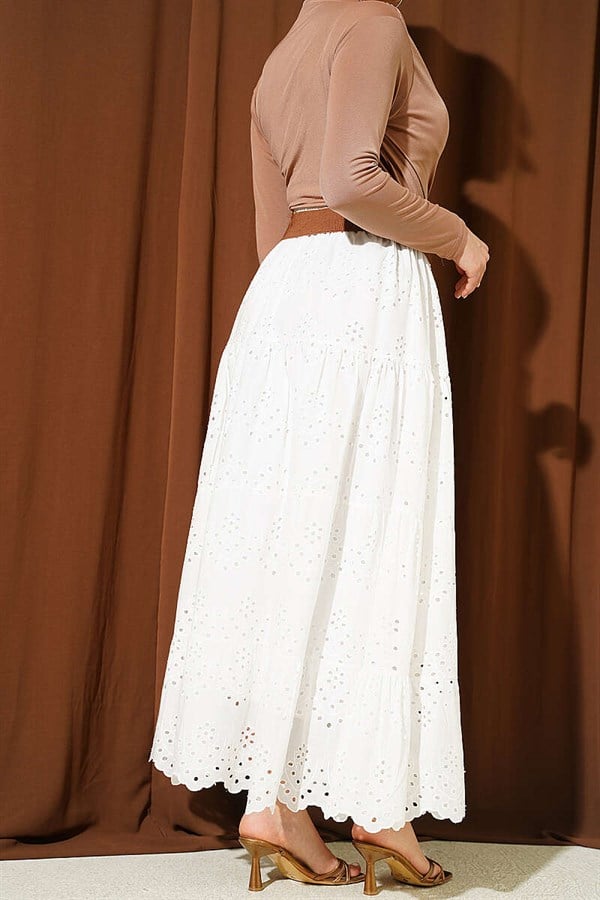 White Embroidered Layered Flared Skirt with Elastic Waistband