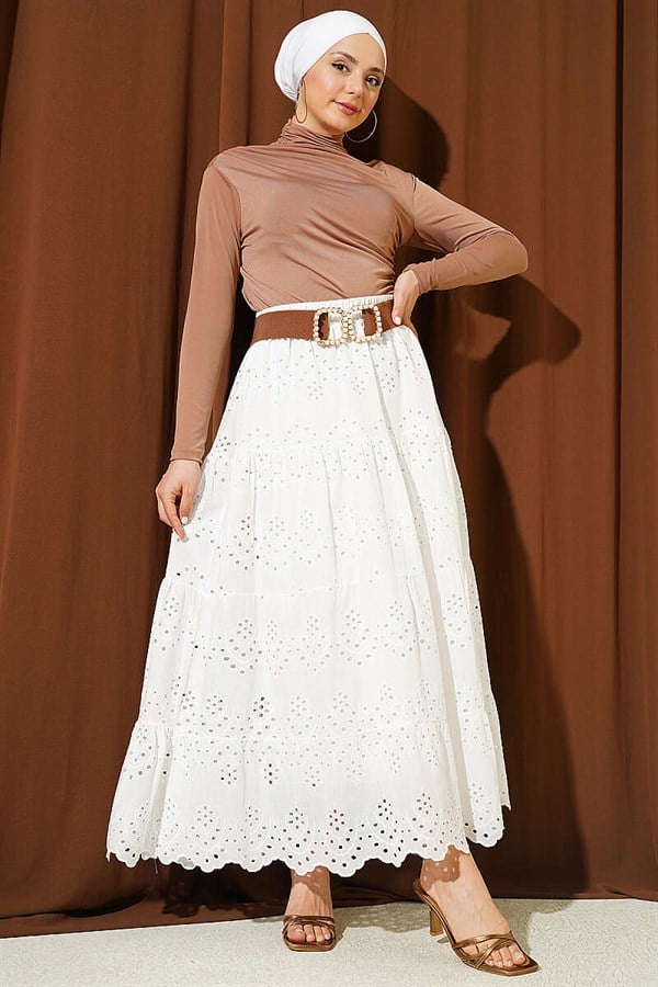 White Embroidered Layered Flared Skirt with Elastic Waistband