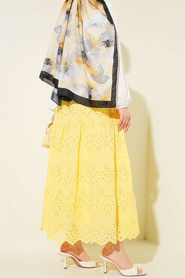 Embroidered Layered Flared Skirt with Elastic Waistband, Yellow