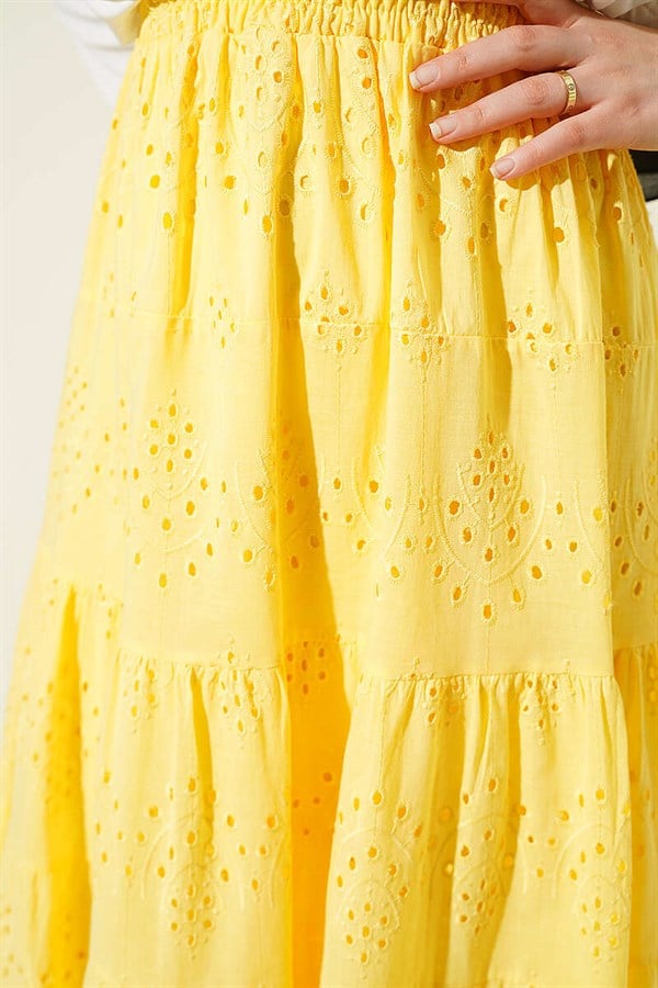 Embroidered Layered Flared Skirt with Elastic Waistband, Yellow