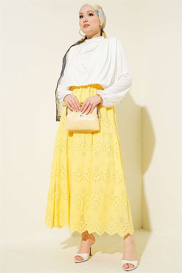 Embroidered Layered Flared Skirt with Elastic Waistband, Yellow