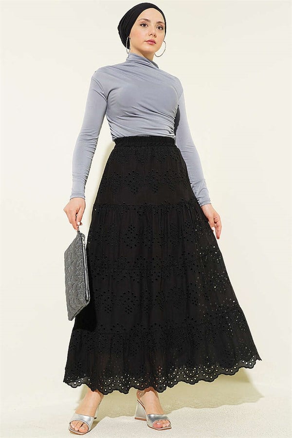Embroidered Layered Flared Skirt with Elastic Waistband, Black