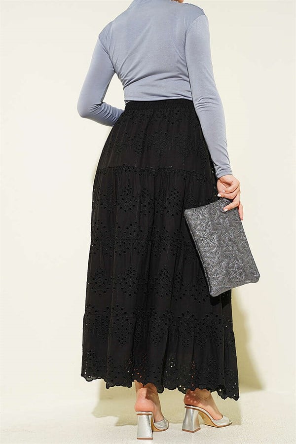 Embroidered Layered Flared Skirt with Elastic Waistband, Black