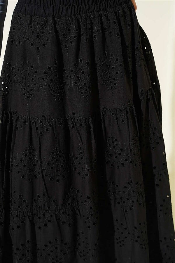 Embroidered Layered Flared Skirt with Elastic Waistband, Black