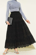 Embroidered Layered Flared Skirt with Elastic Waistband, Black