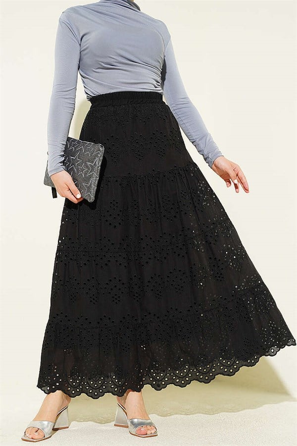 Embroidered Layered Flared Skirt with Elastic Waistband, Black