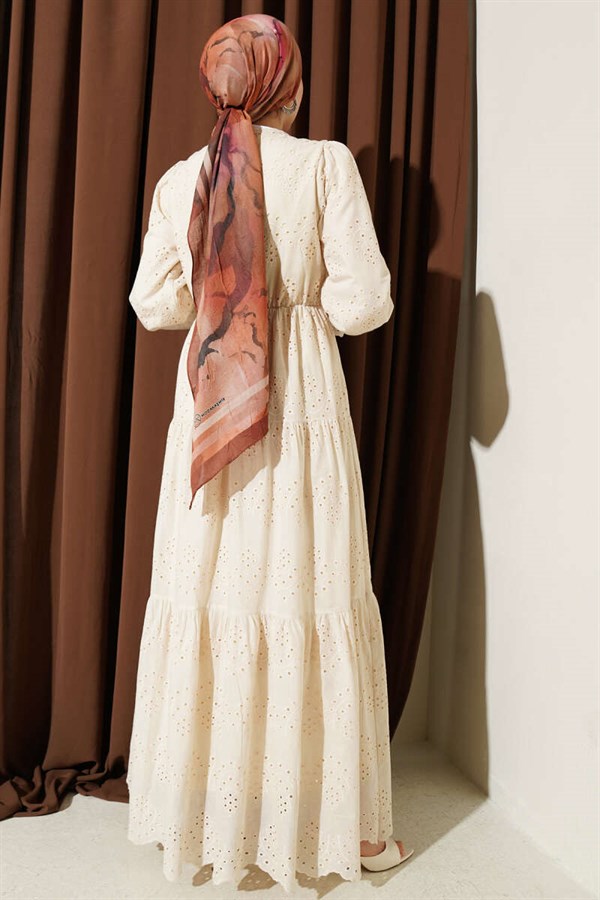 Embroidered Dress with Elastic Waistband, Beige