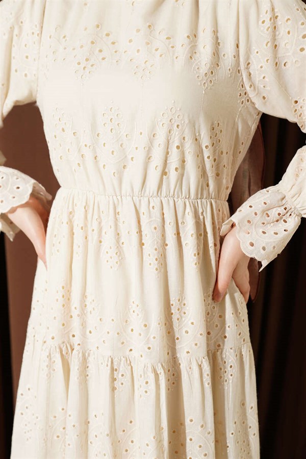 Embroidered Dress with Elastic Waistband, Beige