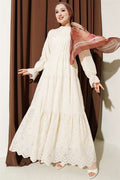 Embroidered Dress with Elastic Waistband, Beige