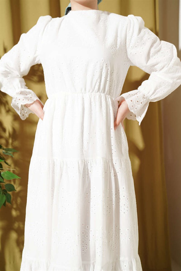 White Embroidered Dress with Elastic Waist