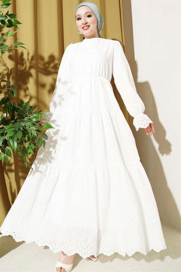 White Embroidered Dress with Elastic Waist