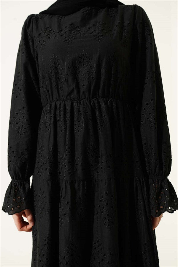 Embroidered Dress with Elastic Waist, Black