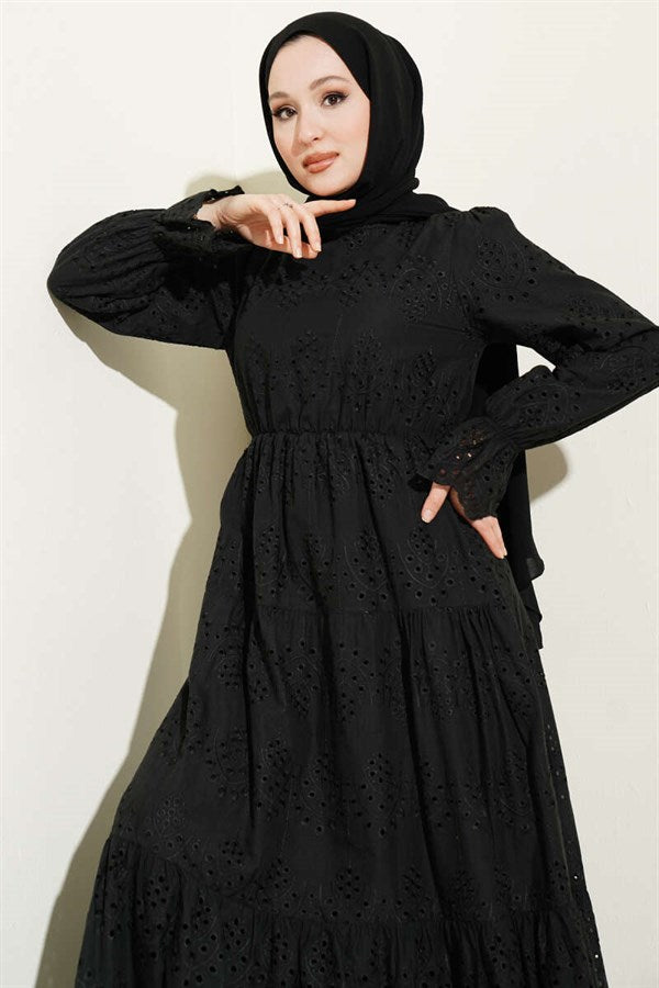 Embroidered Dress with Elastic Waist, Black