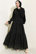 Embroidered Dress with Elastic Waist, Black