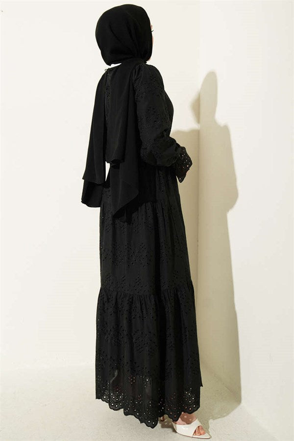 Embroidered Dress with Elastic Waist, Black