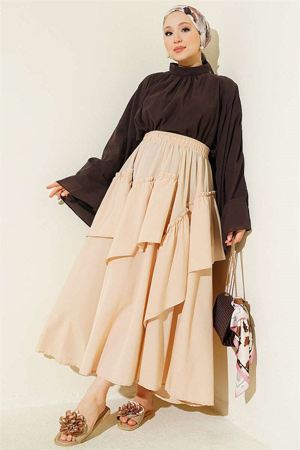 Elastic Waist Gathered Skirt, Beige