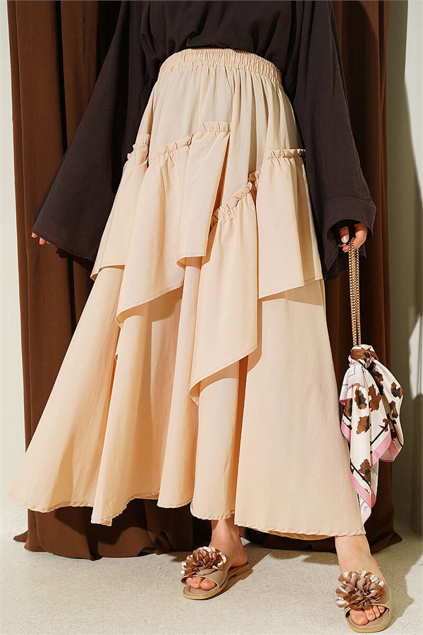 Elastic Waist Gathered Skirt, Beige